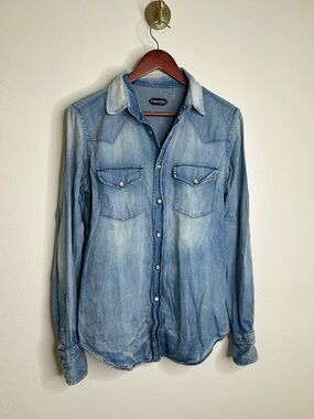 Tom Ford 100% Cotton Denim Pearl Snap Button Down Long Sleeve Shirt EU 39